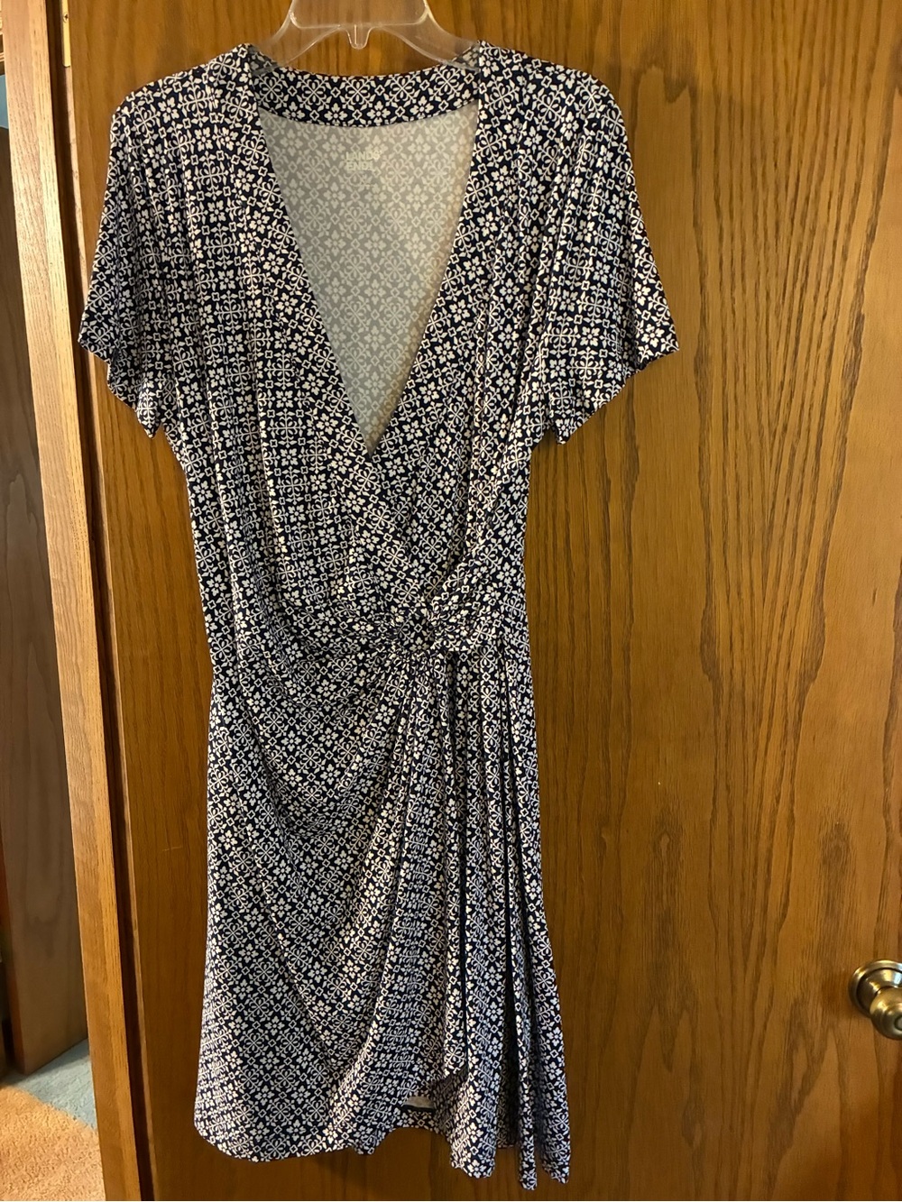 Lands' End Navy and White Printed Midi Wrap Dress